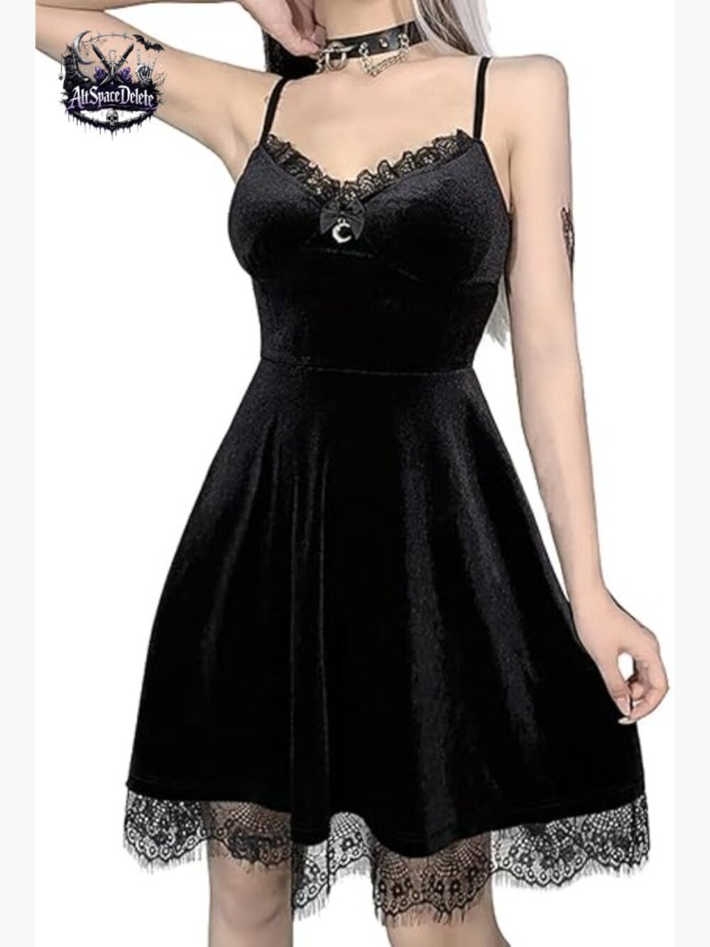Velvet Maxi Dress with Lace Trim, Moon Embellishments, Gothic Style